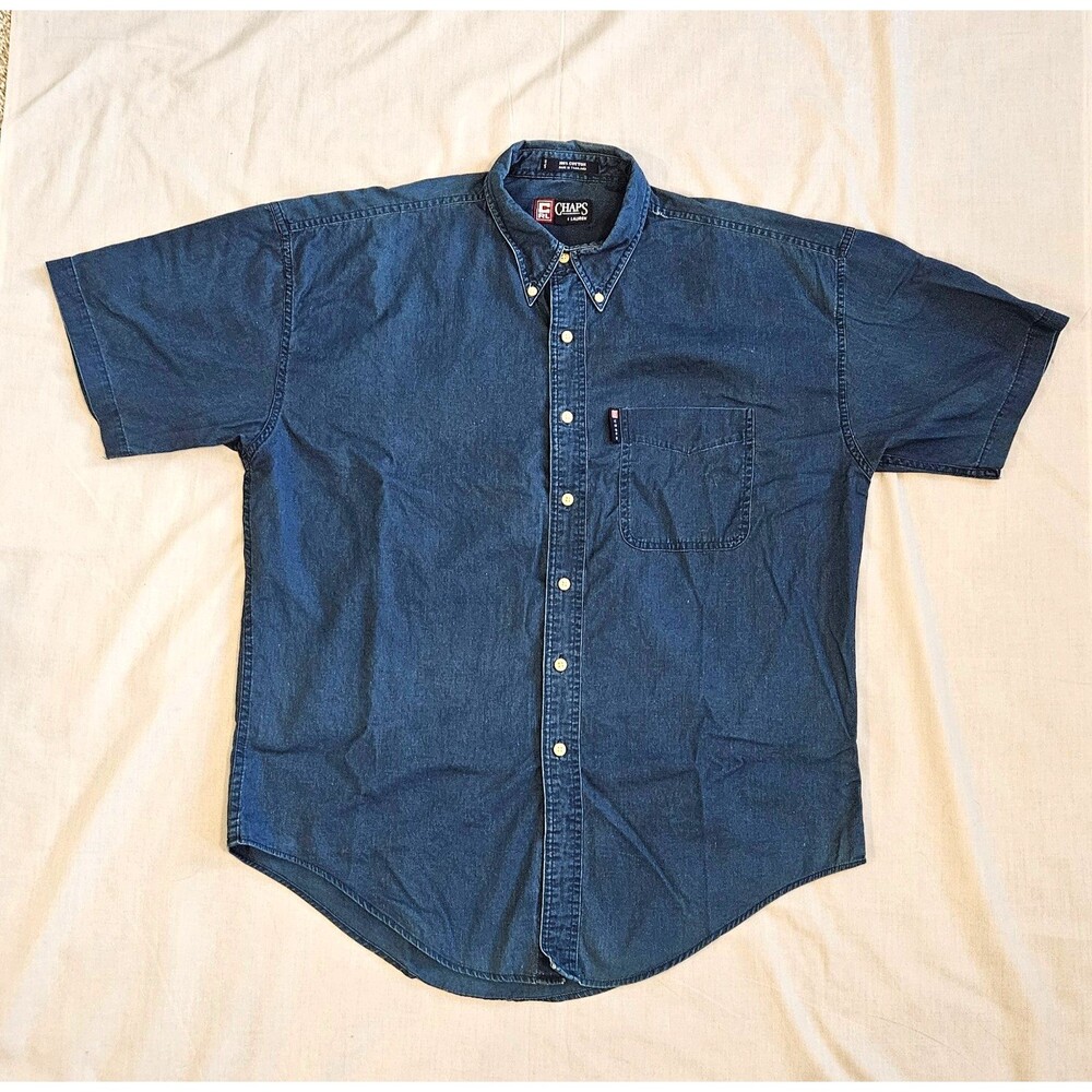 Vintage Y2K Chaps Ralph Lauren Denim Chambray Shirt Mens L Blue Button Down